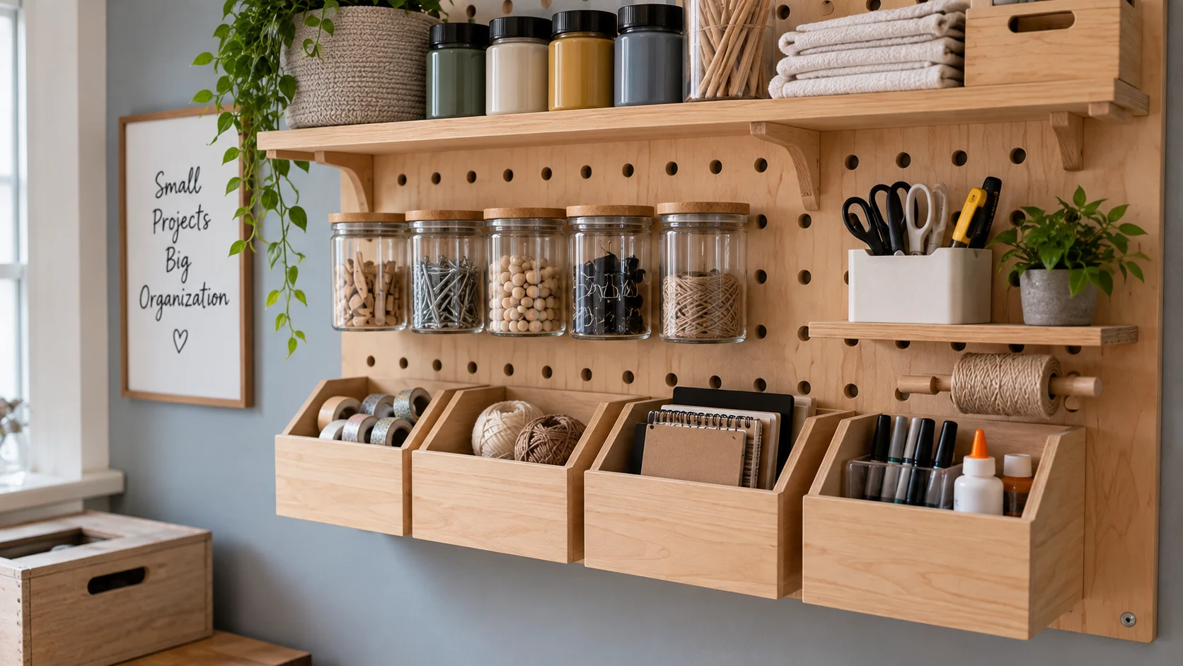 DIY storage project featuring a wall-mounted wooden pegboard with shelves, bins, jars, and organized supplies