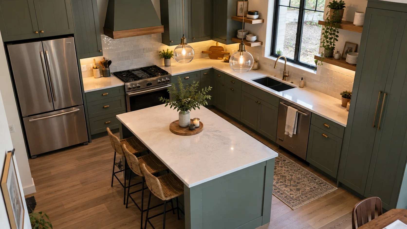 Modern kitchen with sage green cabinets, light countertops, wood flooring, and brass accents
