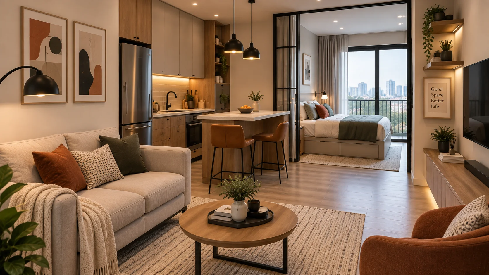 Small apartment with open-plan living room, compact kitchen, bedroom nook, and city balcony view